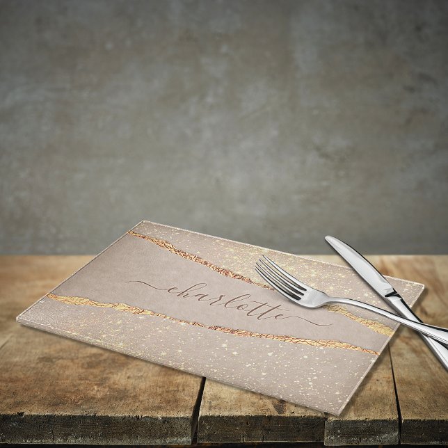 Agate marble stone glitter beige gold monogram cutting board (Creator Uploaded)