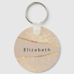 Agate marble stone glitter beige gold monogram  key ring