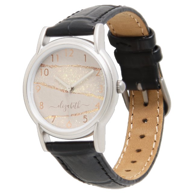 Agate marble stone glitter rose gold name script  watch (Angled)