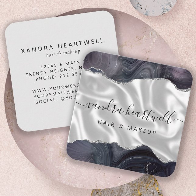 Agate Moody Grey Silver Luxury Rounded Corners Square Business Card (Creator Uploaded)
