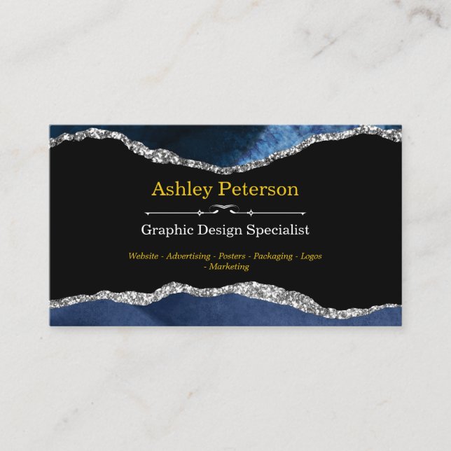 Agate Navy and Silver Faux Glitter Business Card (Front)