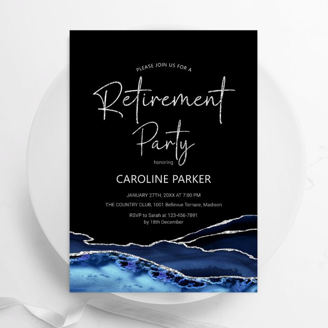Agate Navy Blue Black Silver Retirement Party Invitation (Creator Uploaded)