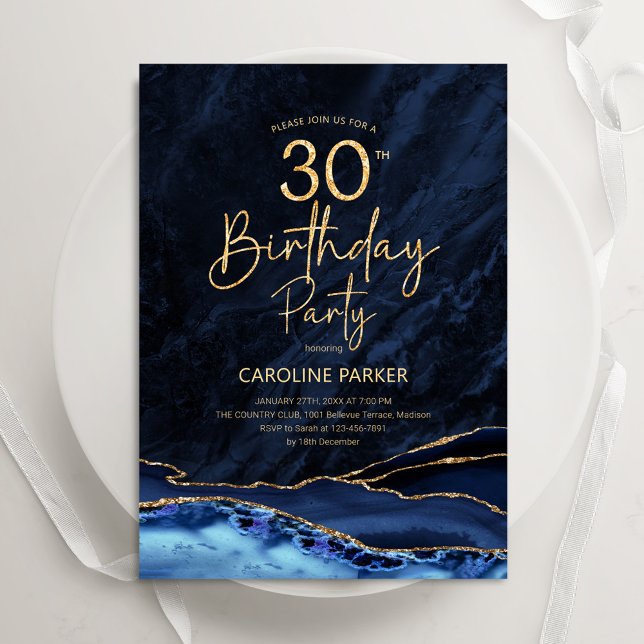 Agate Navy Blue Gold 30th Birthday Invitation (Creator Uploaded)