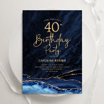 Agate Navy Blue Gold 40th Birthday Invitation<br><div class="desc">Navy blue and gold agate 40th birthday party invitation. Elegant modern design featuring royal blue watercolor agate marble geode background,  faux glitter gold and typography script font. Trendy invite card perfect for a stylish women's bday celebration. Printed Zazzle invitations or instant download digital printable template.</div>