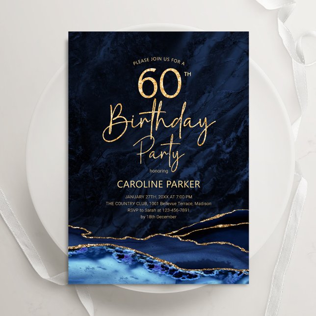 Agate Navy Blue Gold 60th Birthday Invitation (Creator Uploaded)