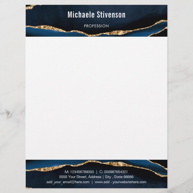 Agate Navy Blue Gold Address Name Info Letterhead (Front)