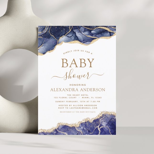Agate Navy Blue Gold Baby Shower  Invitation (Creator Uploaded)