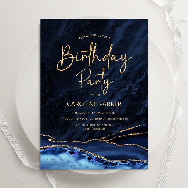 Agate Navy Blue Gold Birthday Any Age Invitation (Creator Uploaded)