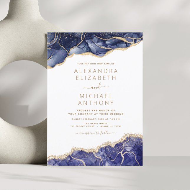 Agate Navy Blue Gold Blue Wedding Invitation (Creator Uploaded)