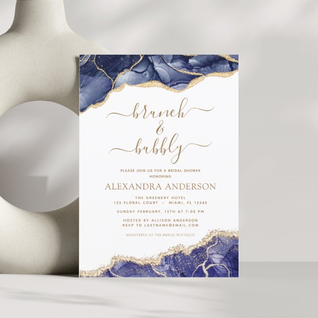 Agate Navy Blue Gold Brunch & Bubbly Bridal Shower Invitation (Creator Uploaded)