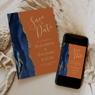 Agate Navy Blue Gold Burnt Orange Save the Date Invitation