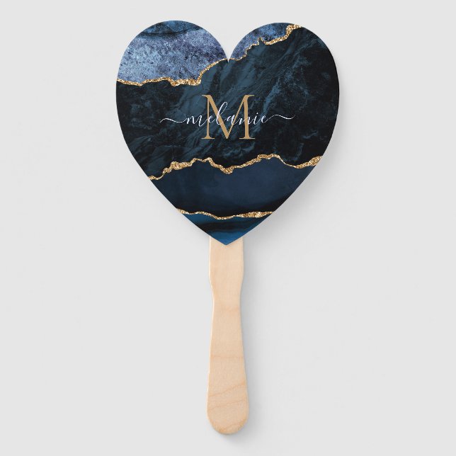 Agate Navy Blue Gold Custom Name letter Hand Fan (Front)
