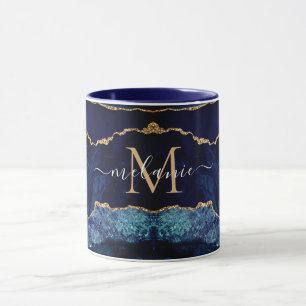 Agate Navy Blue Gold Custom Name Letter Mug