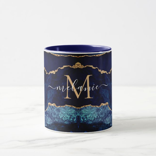 Agate Navy Blue Gold Custom Name Letter Mug (Center)