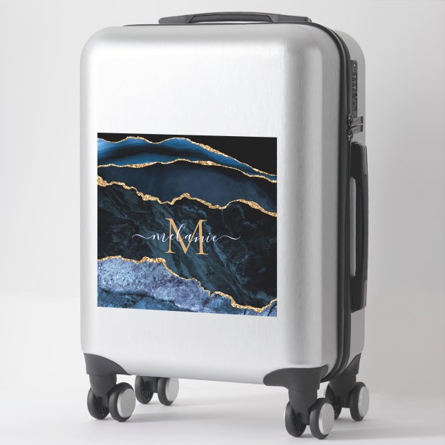 Agate Navy Blue Gold Custom Name Letter Sticker (Suitcase)