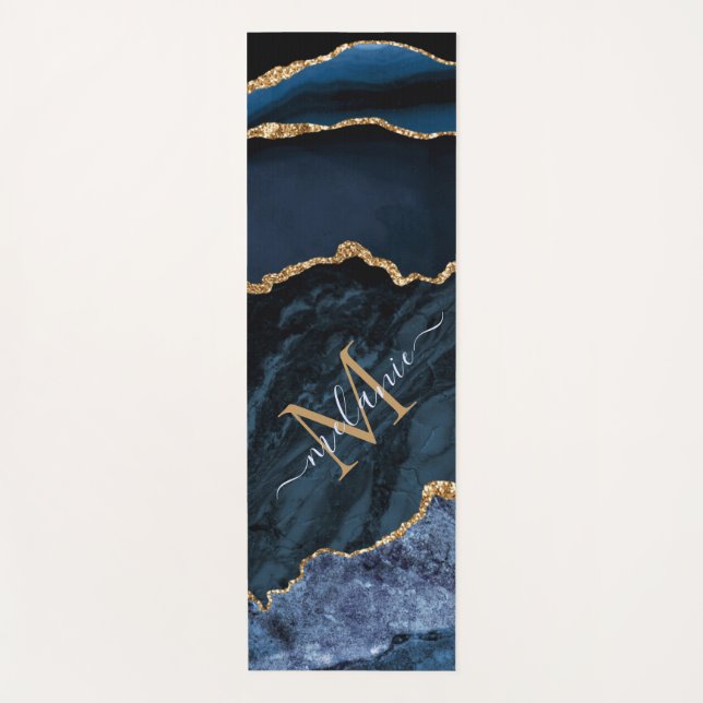Agate Navy Blue Gold Custom Name Letter Yoga Mat (Front)