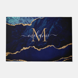Agate Navy Blue Gold Gemstone Custom Name Doormat