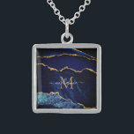 Agate Navy Blue Gold Gemstone Marble Custom Name Sterling Silver Necklace<br><div class="desc">Monogram Name Agate Navy Blue Gold Gemstone Marble Geode Glitter Sparkle Personalised Birthday - Anniversary or Wedding Gift / Suppliest - Add Your Letter / Name - Text or Remove - Make Your Special Gift - Resize and move or remove and add text / elements with customisation tool. Design by...</div>
