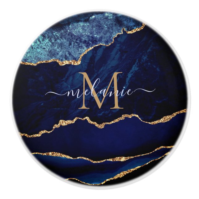 Agate Navy Blue Gold Gemstone Marble Monogram Ceramic Knob (Front)