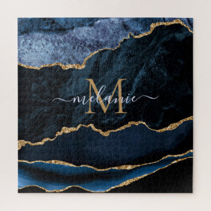 Agate Navy Blue Gold Gemstone Marble Monogram Jigsaw Puzzle