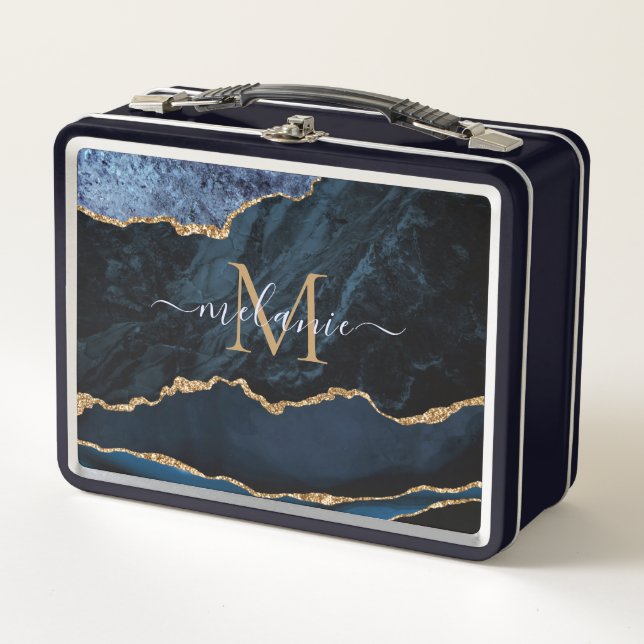 Agate Navy Blue Gold Gemstone Marble Monogram Metal Lunch Box (Front)