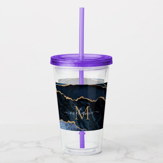 Agate Navy Blue Gold Gemstone Marble Monogram Name Acrylic Tumbler (Front)