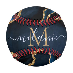 Agate Navy Blue Gold Gemstone Marble Monogram Name Baseball