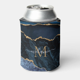 Agate Navy Blue Gold Gemstone Marble Monogram Name Can Cooler