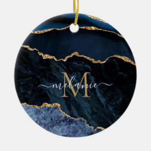 Agate Navy Blue Gold Gemstone Marble Monogram Name Ceramic Ornament