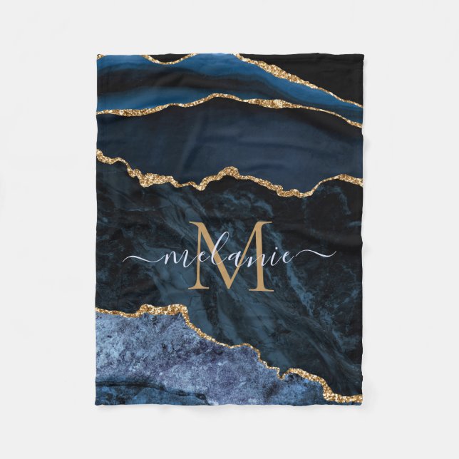 Agate Navy Blue Gold Gemstone Marble Monogram Name Fleece Blanket (Front)