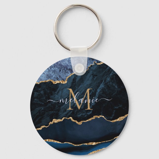Agate Navy Blue Gold Gemstone Marble Monogram Name Key Ring (Front)
