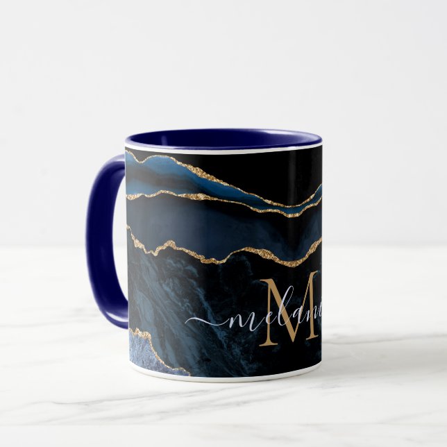 Agate Navy Blue Gold Gemstone Marble Monogram Name Mug (Front Left)