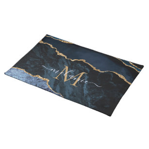 Agate Navy Blue Gold Gemstone Marble Monogram Name Placemat