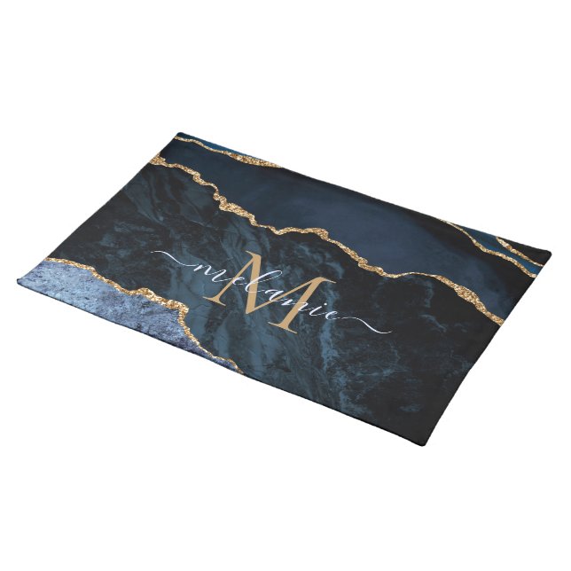 Agate Navy Blue Gold Gemstone Marble Monogram Name Placemat (On Table)