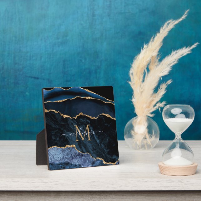 Agate Navy Blue Gold Gemstone Marble Monogram Name Plaque (Insitu)