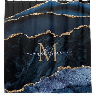 Agate Navy Blue Gold Gemstone Marble Monogram Name Shower Curtain