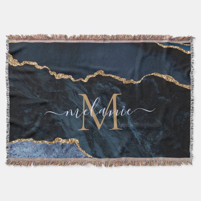 Agate Navy Blue Gold Gemstone Marble Monogram Name Throw Blanket (Front)