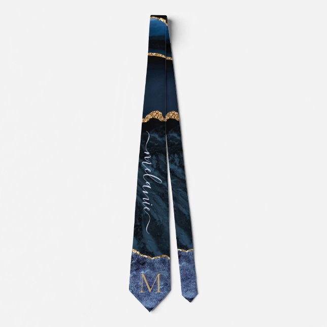 Agate Navy Blue Gold Gemstone Marble Monogram Name Tie (Front)