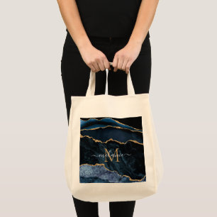 Agate Navy Blue Gold Gemstone Marble Monogram Name Tote Bag