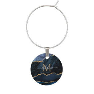 Agate Navy Blue Gold Gemstone Marble Monogram Name Wine Charm
