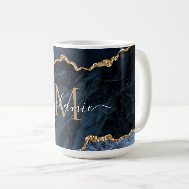 Agate Navy Blue Gold Gemstone Marble Name Mug Gift (Front Right)
