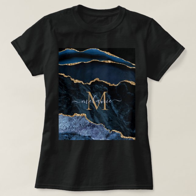 Agate Navy Blue Gold Gemstone T-Shirt - Monogram (Design Front)