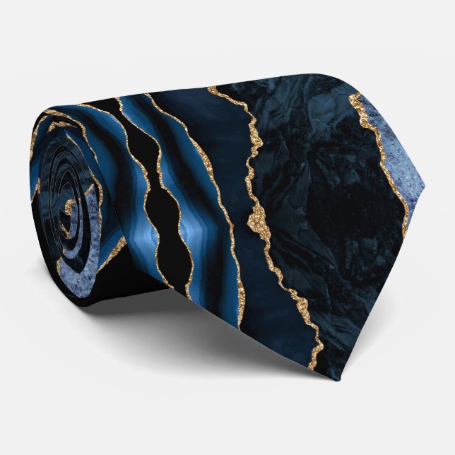 Agate Navy Blue Gold Geode Marble Elegant Neck Tie (Rolled)
