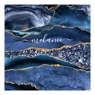 Agate Navy Blue Gold Glitter Gemstone Custom Name Photo Print