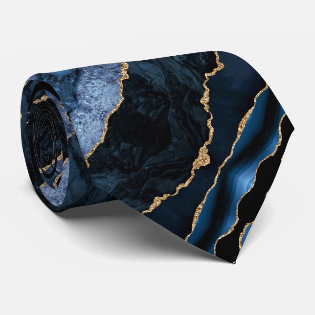 Agate Navy Blue Gold Glitter Geode Marble Neck Tie (Rolled)