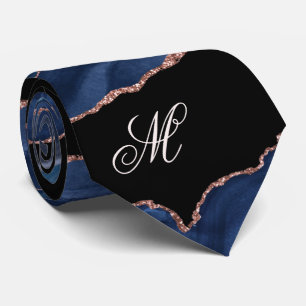 Agate Navy Blue Gold Glitter Luxury Monogram Neck Tie