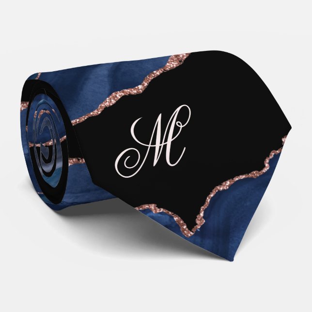 Agate Navy Blue Gold Glitter Luxury Monogram Neck  Tie (Rolled)