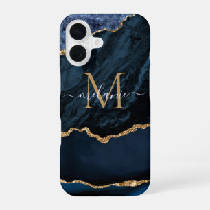 Agate Navy Blue Gold Glitter Marble Custom Name iPhone 16 Case