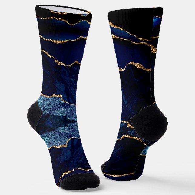 Agate Navy Blue Gold Glitter Marble Socks (Angled)