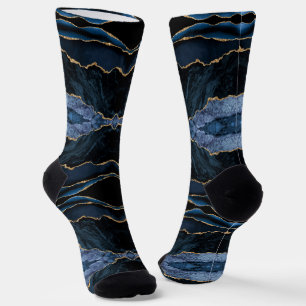 Agate Navy Blue Gold Glitter Marble Socks Gift